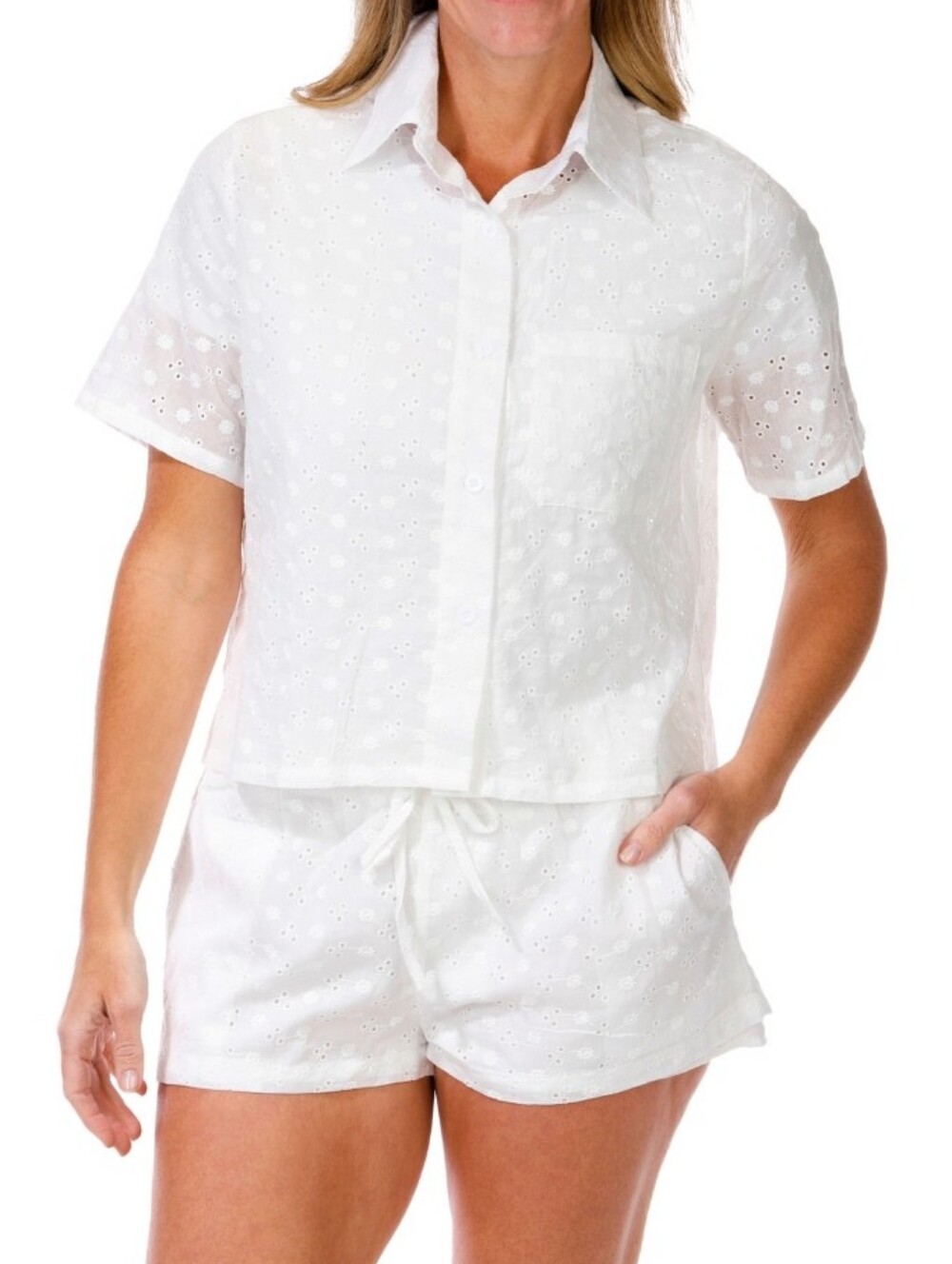 April Kiss White Eyelet Two Piece Matching Shirt & Shorts Set - Size Small